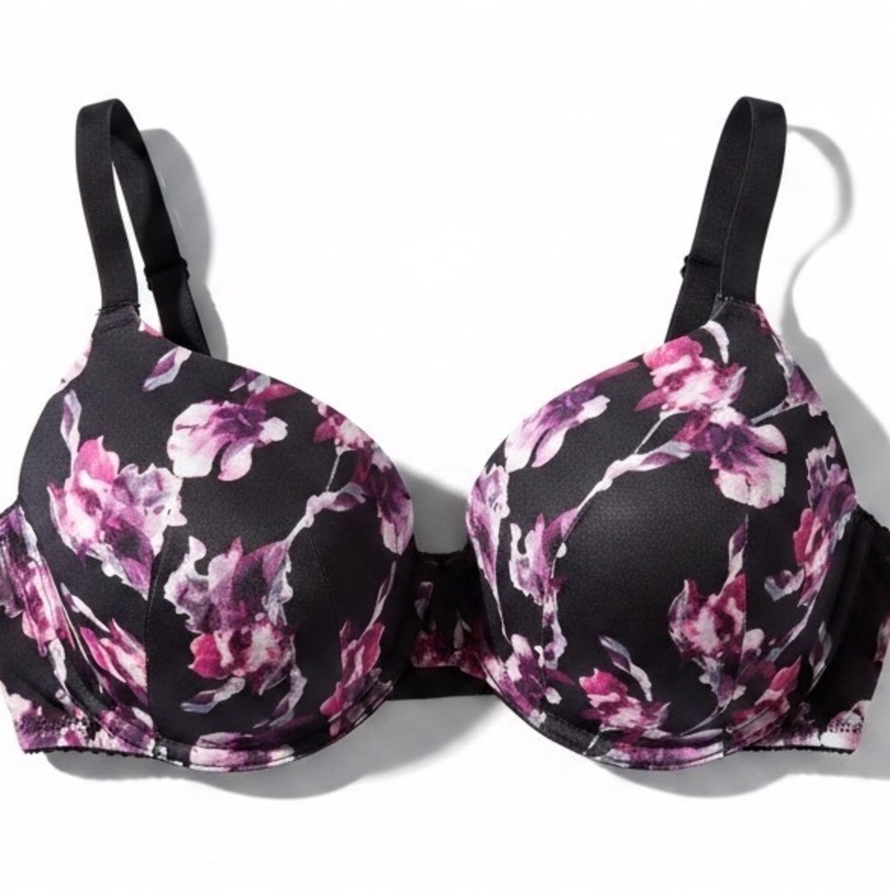 Cacique Back Smoother Bra 42DD Floral Purple Black Underwire Balconette Lingerie